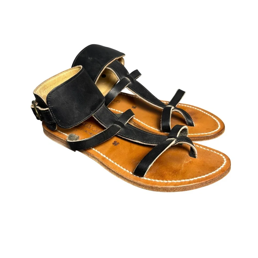 K.Jacques Setropez Black Leather Flat Gladiator Ankle Strap Sandals Womens 39